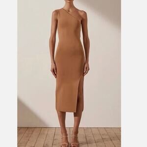 NWT Shona Joy Basic One Shoulder Midi Dress Tan Small | Bodycon Dress